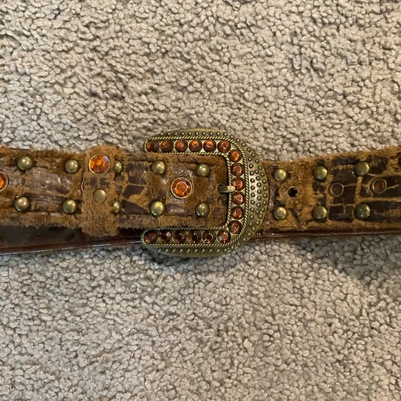 Vintage Brown Crystal Gem Croc Studded Dress Moto Biker Western Belt Y2K sz S/M - Picture 2 of 8